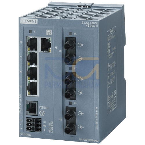 SCALANCE XB205-3 managed Layer 2 IE Switch 5x IEC 62443-4-2 certified 10/100 Mbps RJ45 ports 3x MM FO ST port 1x console port, diagnostics LED redund