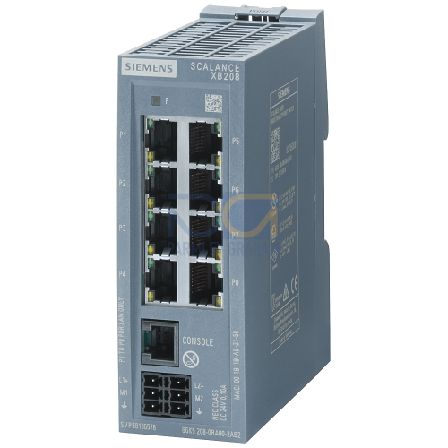 SCALANCE XB208 managed Layer 2 IE switch 8x IEC 62443-4-2 certified 10/100 Mbps RJ45 ports 1x console port, diagnostics LED redundant power supply te