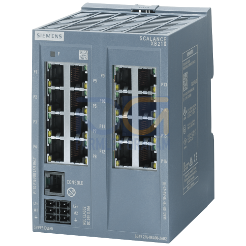 SCALANCE XB216 managed Layer 2 IE Switch, 16x IEC 62443-4-2 certified 10/100 Mbps RJ45 ports, 1x console port, diagnostics LED redundant power supply