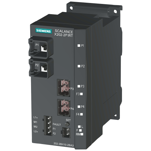 SCALANCE X202-2P IRT managed IE IRT switch, 2x 10/100 Mbps RJ45 ports, 2x 100 Mbps POF SC RJ ports, error signaling contact with set pushbutton, redundant power supply, PROFINET IO device, network ma