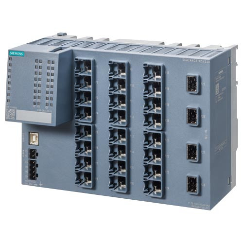 SCALANCE XCH328 managed layer 2 IE switch, 24x 10/100/1000 Mbps RJ45, 4x 1/10 Gbps SFP+ port, LED diagnostics,error signaling contact with select/set pushbutton, PROFINET IO device, network management