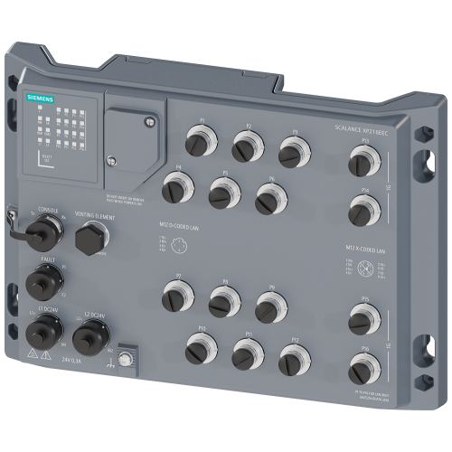 SCALANCE XP216EEC (V2), IP65, managed layer 2 IE switch, railway approval, 12x 10/100 Mbps, 4x 100/1000 Mbps, M12 ports LED diagnostics, error signaling contact, redundant power supply, PROFINET IO d