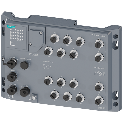SCALANCE XP216PoE EEC (V2), IP65, managed layer 2 IE switch, railway approval, 12x 10/100 Mbps, 4x 100/1000 Mbps, M12 ports, 802.3at/bt 12x 30 W, 4x 60 W, (max. 240 W), LED diagnostics, error signali