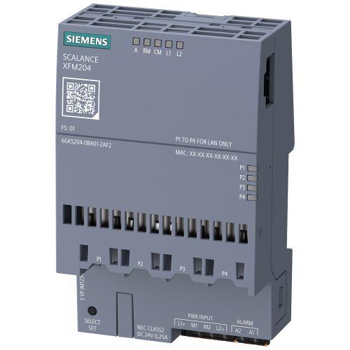 SCALANCE XFM204 flat managed layer 2 IE switch; 4 x 100 Mbps RJ45 ports; redundant 24 V DC power supply; temperature range -40 &deg;C to +60 &deg;C; SINEC OS; PROFINET IO device CC-B; CLP slot; DIN-rail mou