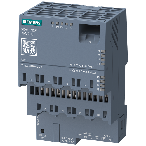 SCALANCE XFM208 flat managed layer 2 IE switch; 8 x 100 Mbps RJ45 ports; redundant 24 V DC power supply; temperature range -40 &deg;C to +60 &deg;C; SINEC OS; CLP slot; DIN-rail mounting;