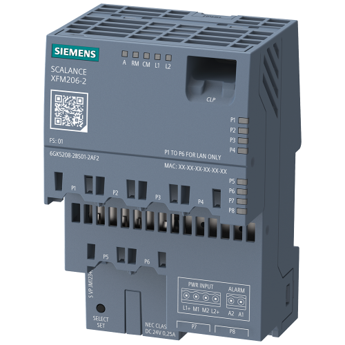 SCALANCE XFM206-2 flat managed layer 2 IE switch; 6 x 100 Mbps RJ45 ports; 2 x 100 Mbps / 1 Gbps SFP; redundant 24 V DC power supply; temperature range -40 &deg;C to +60 &deg;C; SINEC OS; PROFINET IO device