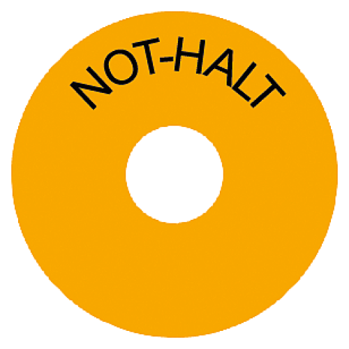 Backing plate, yellow, self-adhesive, with inscription: EMERGENCY STOP