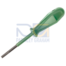 screwdriver, long, green with screwdriver blade 3.5 x 0.5, e.g. for actuating of spring-loaded termi