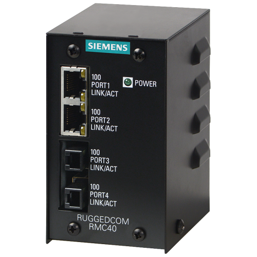 The RUGGEDCOM RMC40 is a 4-port unmanaged Ethernet switch that provides both copper-to-fiber media conversion as well as 10Mbps to 100Mbps speed co...