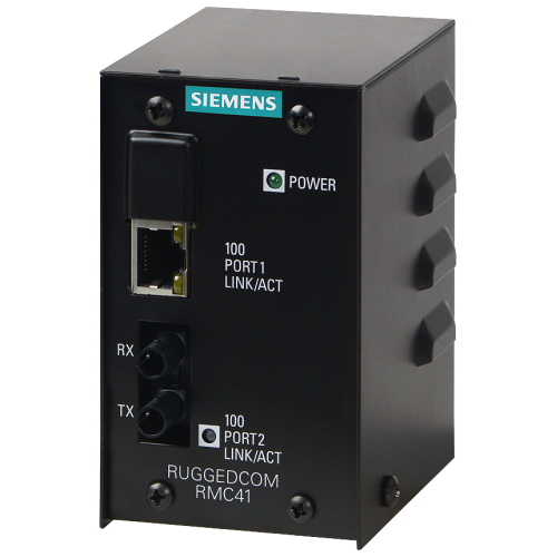 The RUGGEDCOM RMC41 is a 2-port unmanaged Ethernet switch that provides both copper-to-fiber media conversion as well as 10Mbps to 100Mbps speed co...