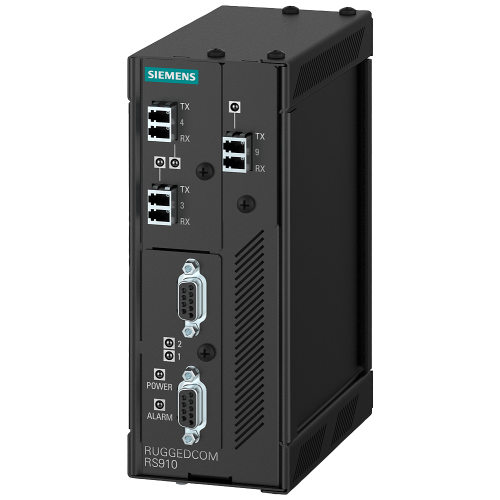 The RUGGEDCOM RS910 is an industrially hardened serial device server with an integrated, fully managed, Ethernet switch; 128-bit Encryption; 2 seri...