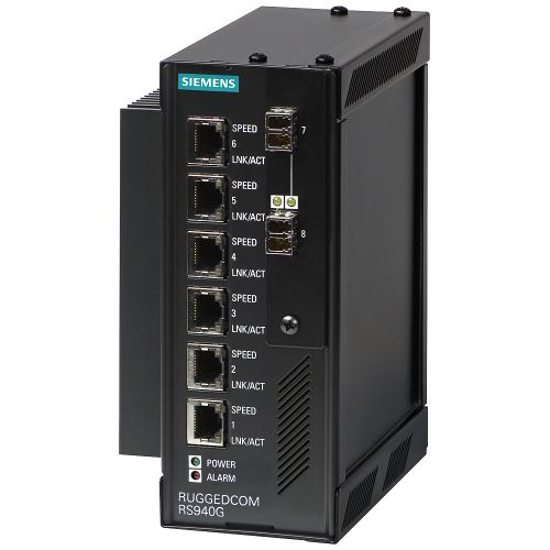 RUGGEDCOM RS940G is an industrially hardened, fully managed Ethernet switch providing 6 or 8 ports of Gigabit Ethernet. 6 10/100/1000BaseTX triple ...