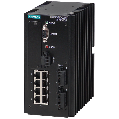 RUGGEDCOM RS900GP is a utility grade, fully managed Ethernet switch providing dual fiber optical or copper Gigabit Ethernet ports and 8 Fast Ethern...