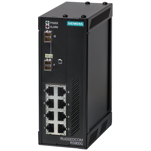 The RUGGEDCOM RS900G is an industrially hardened, fully managed Ethernet switch providing dual fiber optical Gigabit Ethernet ports and 8 Fast Ethe...