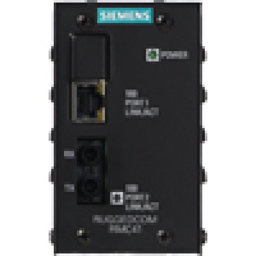 The RUGGEDCOM RMC41 is a 2-port unmanaged Ethernet switch that provides both copper-to-fiber media conversion as well as 10Mbps to 100Mbps speed conversion. Specifically designed to operate reliably