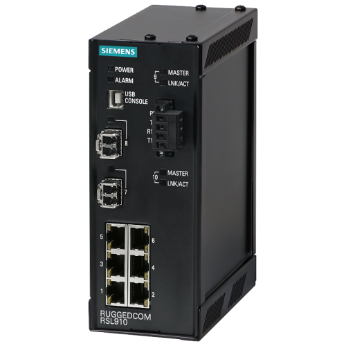 RUGGEDCOM RSL910 is a 10 port, industrially hardened, fully managed Ethernet switch with 128-bit encryption supporting 2 VDSL2 ports, 2 Gigabit Eth...