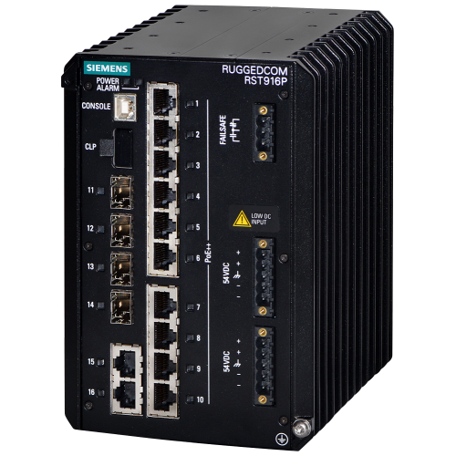 RUGGEDCOM RST916P is a 16 port industrially hardened, fully managed 10G Ethernet switch featuring integrated 60W PoE++ ports and a power budget of ...