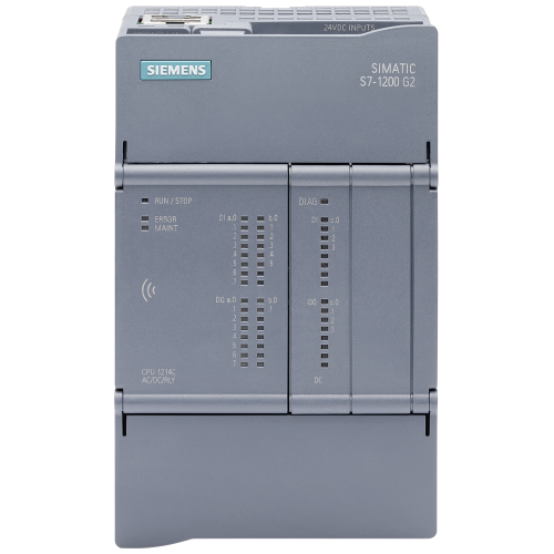 SIMATIC S7-1200 G2: compact CPU 1214C AC/DC/RLY; power supply: AC 85-264 V AC at 47-63 Hz; onboard I/O: 14x DI 24 V DC; 10 DO relay 2 A; memory: program 250 KB data: 750 KB, retentivity: 20 KB