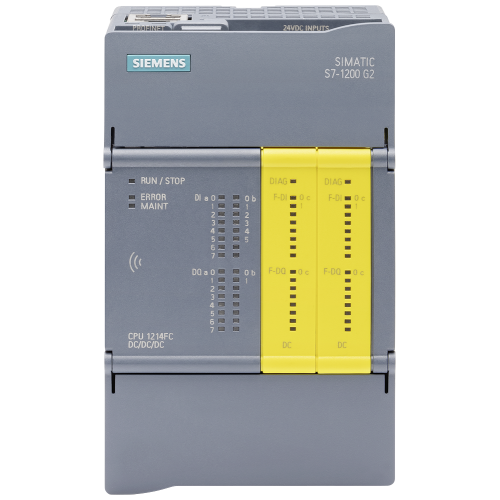 SIMATIC S7-1200 G2: failsafe compact CPU 1214FC DC/DC/DC; power supply: DC 20.4-28.8 V DC; onboard I/O: 14x DI 24 V DC; 10x DO 24 V DC; memory: program 300 KB data: 750 KB, retentivity: 20 KB