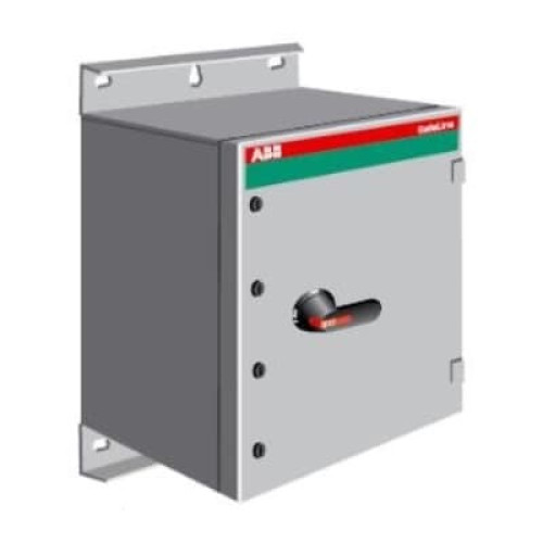 Safety switch, 3-p. 400V AC23 720A, 400kW. Steel sheet enclosure. IP65. Black Pistol handle. Interlocked cover. Defeatable interlocking.