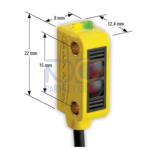 WORLD-BEAM Q12 Series: Fixed-Field, Range: 30mm Cutoff, Input: 10-30V dc, Output: LO (Light Operate) Bipolar, 1 NPN, 1 PNP, 2 m cable