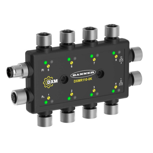 DXMR110 8-port IO-Link Master/Controller, Power: 18-30 V dc, Female M12 (D-Code Ethernet), IP67, IP68, Ethernet IP, Modbus TCP, and Profinet