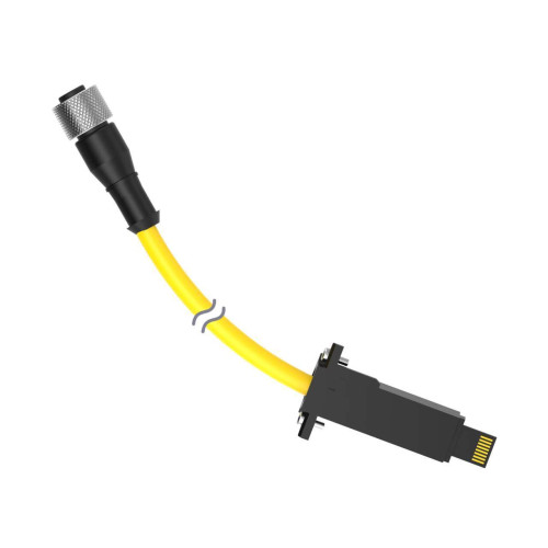 Cordset: Double Ended M12 to LP-Custom, 4-pin Straight Female, 11-pin Straight Male, 0.3 m 5x22 Yellow PVC Jacket, Nickel-Plated Brass Coupling Nuts