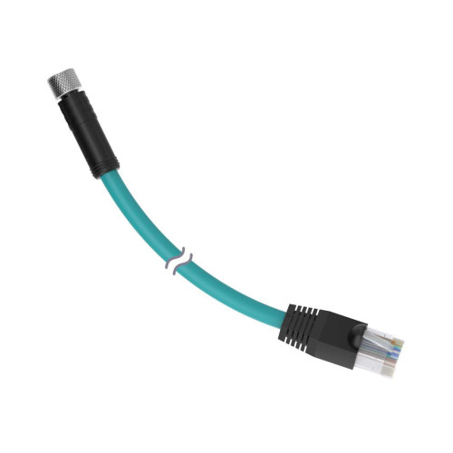 Cordset: Double Ended M8 Threaded to RJ45, 4-pin Straight Female, 4-pin Straight Male Connectors with Shield, 2 m (6.56 ft) Teal PVC Jacket, Nickel-Plated Brass Coupling Nuts