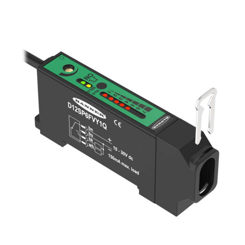 D12 Series: High Speed Glass Fiber Optic, Range: Depends on Fiber, Input: 10-30 V dc, Output: Complementary PNP 20 ms Pulse Stretch, 150 (6 in) M8 Pigtail QD