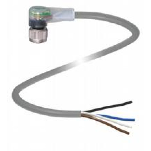 Female cordset single-ended M12 angled A-coded, LED 4-pin bridged, PUR cable 3-core grey, Length: 10 m