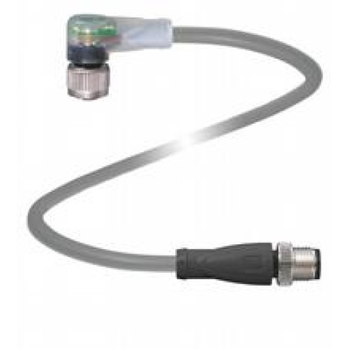 Cordset M12 socket angled A-coded LED 4-pin to M12 plug straight A-coded 4-pin, PUR cable grey, Length: 5 m