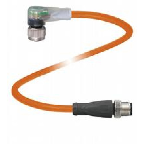 Cordset M12 socket angled A-coded LED 4-pin to M12 plug straight A-coded 4-pin, POC cable welding-bead resistant orange, suitable for robotic applications, torsion resistant, oil resistant, molecul..