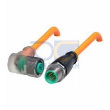 Cordset M12 socket angled A-coded LED 4-pin to M12 plug straight A-coded 4-pin, POC cable welding-bead resistant orange, suitable for robotic applications, torsion resistant, oil resistant, molecul..