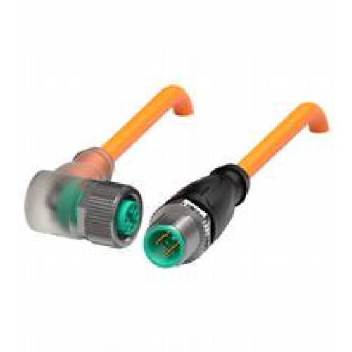 Cordset M12 socket angled A-coded LED 4-pin to M12 plug straight A-coded 4-pin, POC cable welding-bead resistant orange, suitable for robotic applications, torsion resistant, oil resistant, molecul..