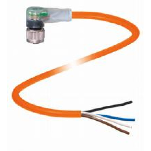 Female cordset single-ended M12 angled A-coded, LED 4-pin, POC cable welding-bead resistant orange, suitable for robotic applications, torsion resistant, oil resistant, molecularly cross-linked, Le..