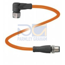 Cordset M12 socket angled to M12 plug straight A-coded, 4-pin, POC cable welding-bead resistant orange, suitable for robotic applications, torsion resistant, oil resistant, molecularly cross-linked..