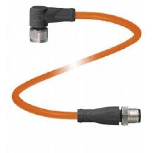 Cordset M12 socket angled to M12 plug straight A-coded, 4-pin, POC cable welding-bead resistant orange, suitable for robotic applications, torsion resistant, oil resistant, molecularly cross-linked..
