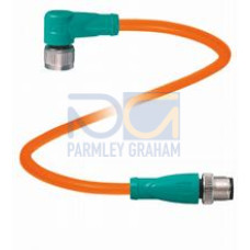 Cordset M12 socket angled to M12 plug straight A-coded, 4-pin, POC cable welding-bead resistant orange, suitable for robotic applications, torsion resistant, oil resistant, molecularly cross-linked..