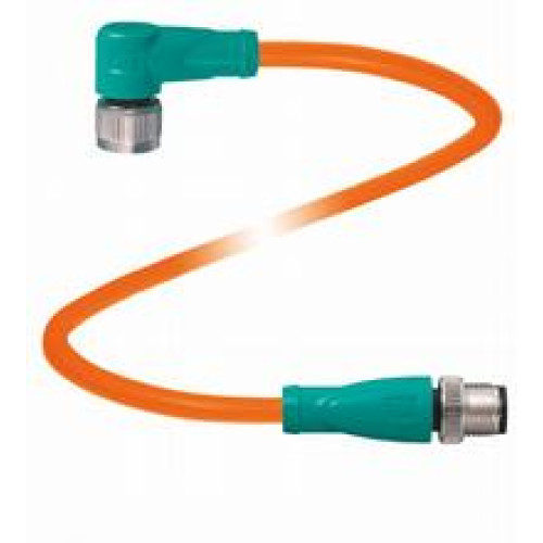 Cordset M12 socket angled to M12 plug straight A-coded, 4-pin, POC cable welding-bead resistant orange, suitable for robotic applications, torsion resistant, oil resistant, molecularly cross-linked..