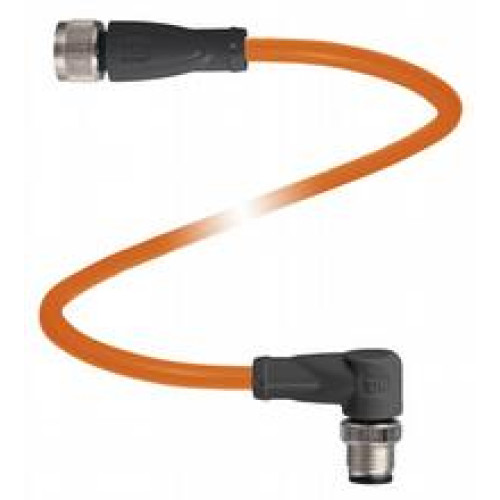 Cordset M12 socket straight to M12 plug angled A-coded, 4-pin, POC cable welding-bead resistant orange, suitable for robotic applications, torsion resistant, oil resistant, molecularly cross-linked..