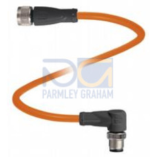 Cordset M12 socket straight to M12 plug angled A-coded, 4-pin, POC cable welding-bead resistant orange, suitable for robotic applications, torsion resistant, oil resistant, molecularly cross-linked..