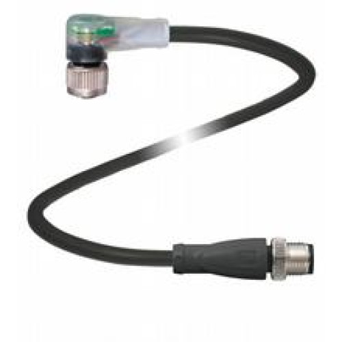 Cordset M12 socket angled A-coded LED 3-pin to M12 plug straight A-coded 3-pin, PUR cable black, UL approved, drag chain suitable, torsion resistant, Length: 1.5 m