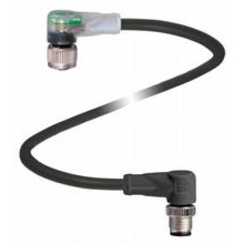 Cordset M12 socket angled A-coded LED 3-pin to M12 plug angled A-coded 3-pin, PUR cable black, UL approved, drag chain suitable, torsion resistant, Length: 1 m