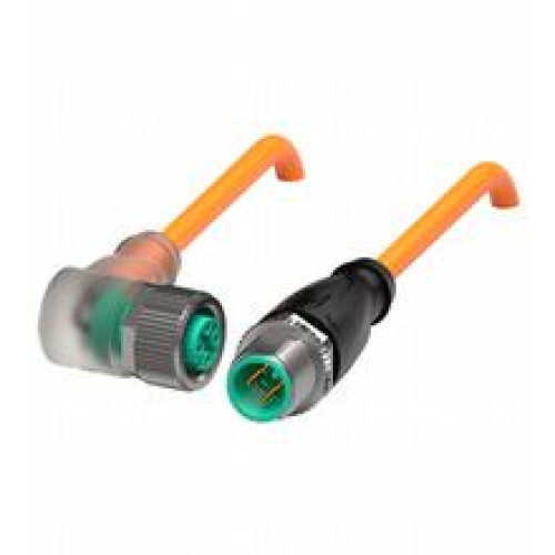 Cordset M12 socket angled A-coded LED 4-pin to M12 plug straight A-coded 4-pin, PUR cable weld spatter resistant orange, UL approved, drag chain suitable, torsion resistant, Length: 10 m