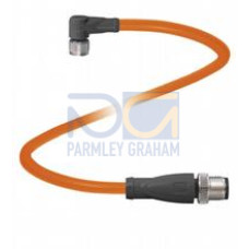 Cordset M8 socket angled to M12 plug straight A-coded, 4-pin, POC cable welding-bead resistant orange, suitable for robotic applications, torsion resistant, oil resistant, molecularly cross-linked,..