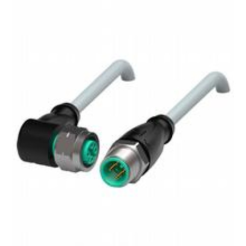 Cordset M12 socket angled to M12 plug straight stainless steel 1.4404, A-coded, 4-pin, PVC cable grey, Length: 2 m