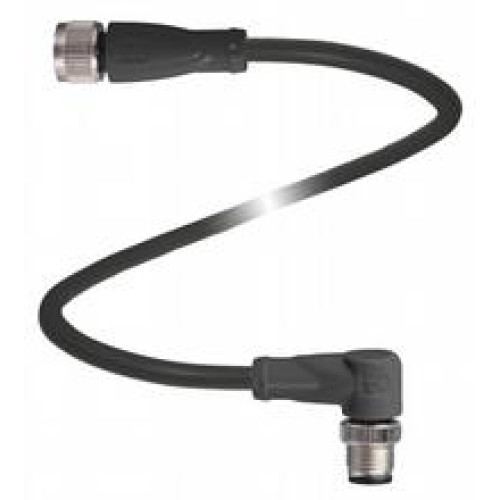 Cordset M12 socket straight to M12 plug angled A-coded, 4-pin, PVC cable black, UL approved, Length: 5 m