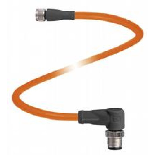 Cordset M8 socket straight to M12 plug angled A-coded, 3-pin, POC cable welding-bead resistant orange, suitable for robotic applications, torsion resistant, oil resistant, molecularly cross-linked,..