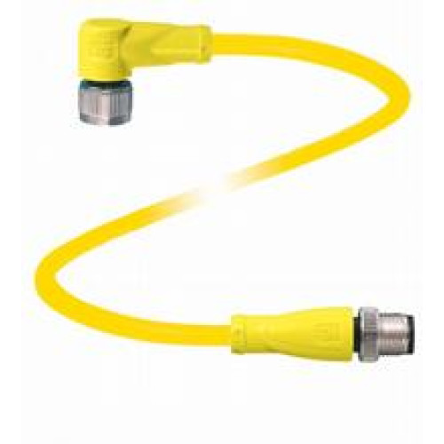 Cordset M12 socket yellow angled to M12 plug yellow straight A-coded, 5-pin, PUR cable weld spatter resistant yellow, UL approved, drag chain suitable, torsion resistant, Length: 5 m