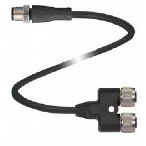 Y connection cable M12 plug straight A-coded 4-pin to 2x M12 socket straight A-coded 4-pin, PUR cable weld spatter resistant black, UL approved, drag chain suitable, torsion resistant, Length: L3 =..